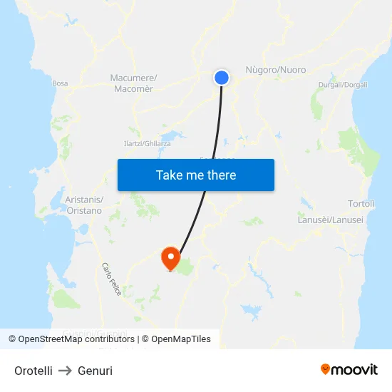 Orotelli to Genuri map