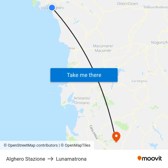 Alghero Stazione to Lunamatrona map
