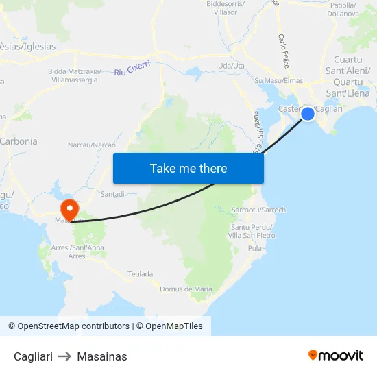 Cagliari to Masainas map