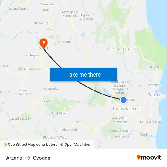 Arzana to Ovodda map
