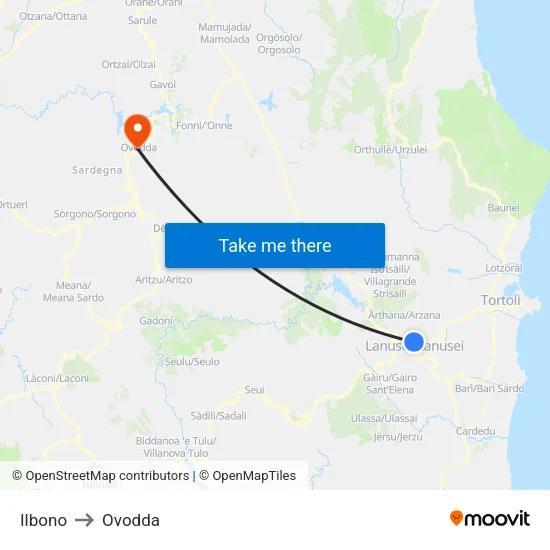 Ilbono to Ovodda map