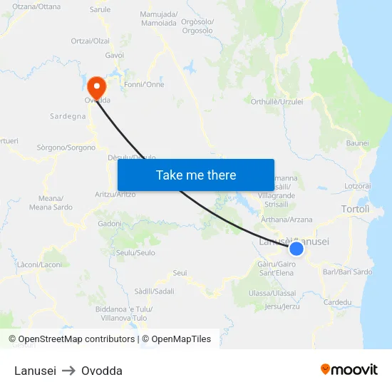 Lanusei to Ovodda map
