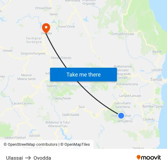 Ulassai to Ovodda map