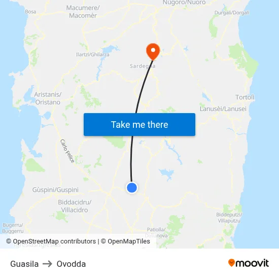 Guasila to Ovodda map