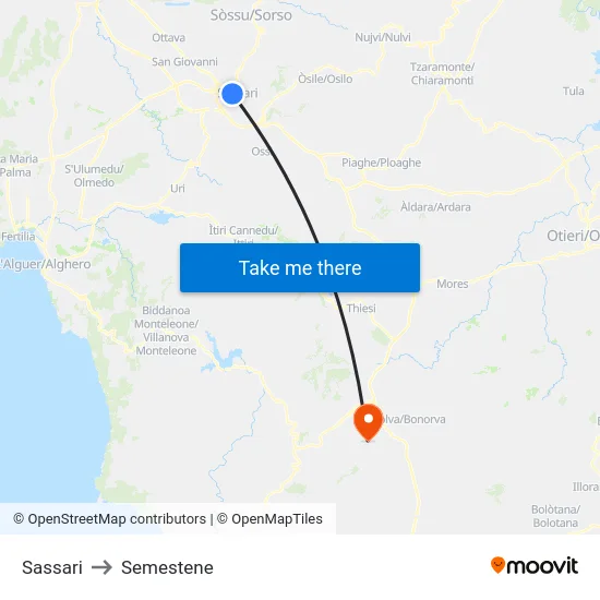 Sassari to Semestene map