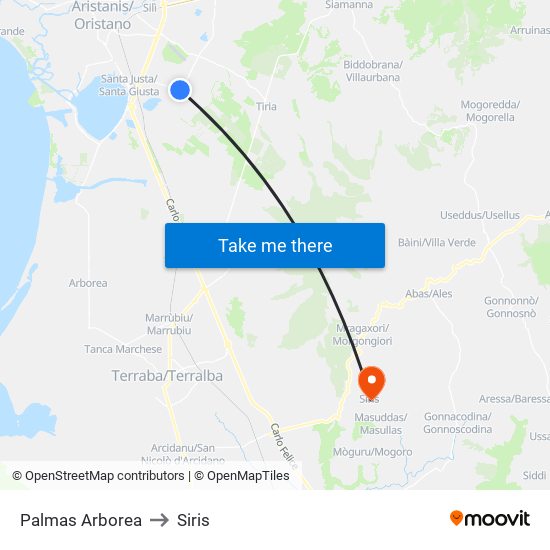 Palmas Arborea to Siris map