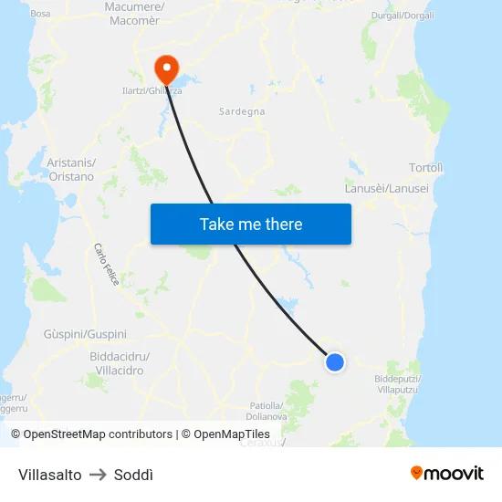 Villasalto to Soddi map