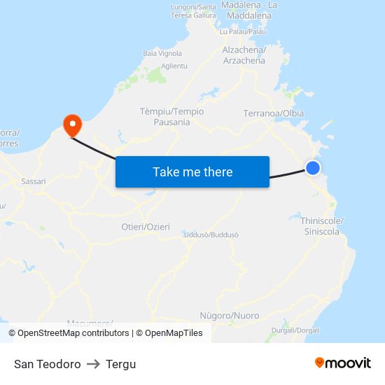 San Teodoro to Tergu map