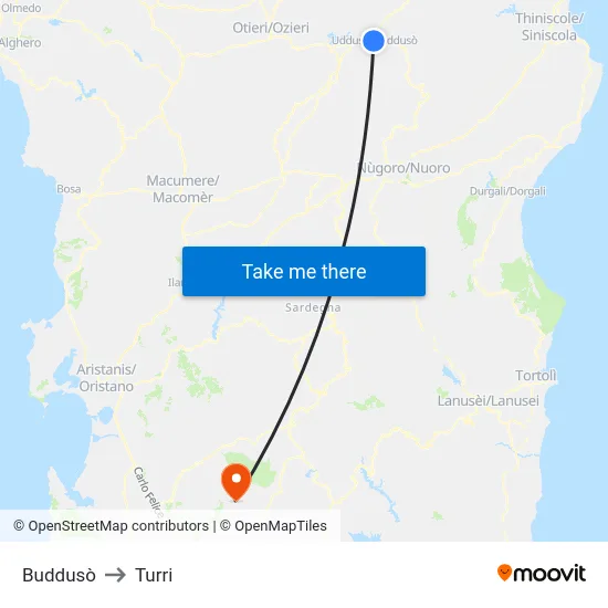 Buddusò to Turri map