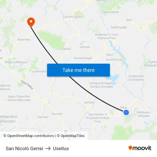 San Nicolò Gerrei to Usellus map