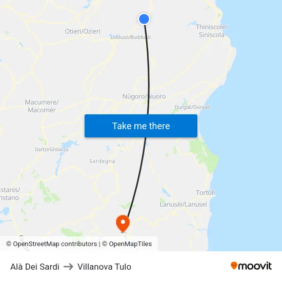 Alà Dei Sardi to Villanova Tulo map