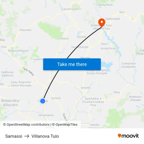 Samassi to Villanova Tulo map