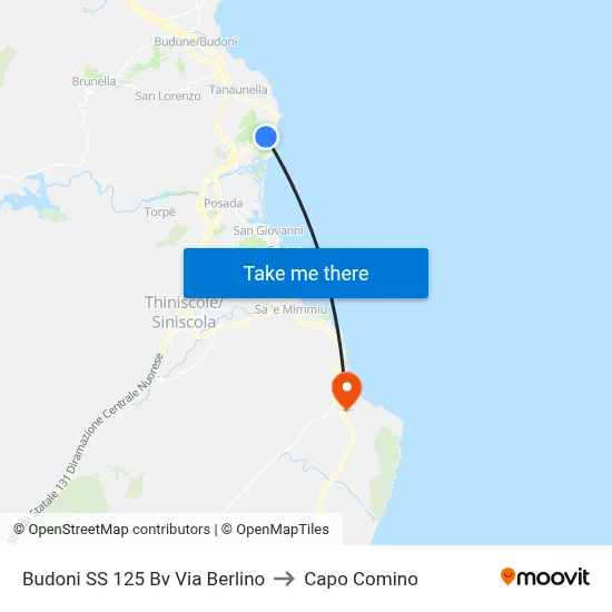 Budoni SS 125 Junction Berlin Street to Capo Comino map