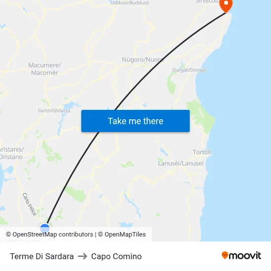Sardara Thermal Baths to Capo Comino map