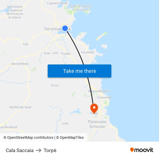 Cala Saccaia to Torpè map