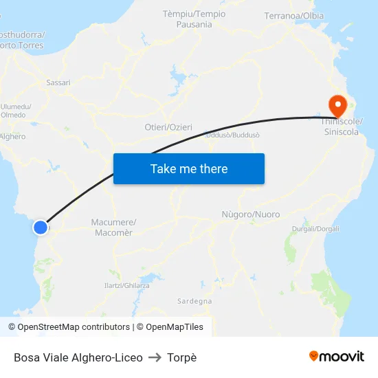 Bosa Alghero Avenue-High School to Torpè map
