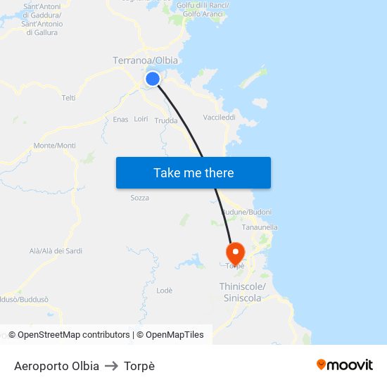 Aeroporto Olbia to Torpè map