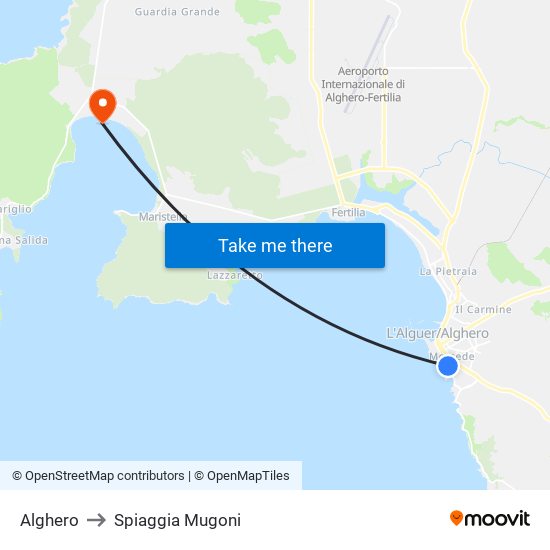 Alghero to Spiaggia Mugoni map