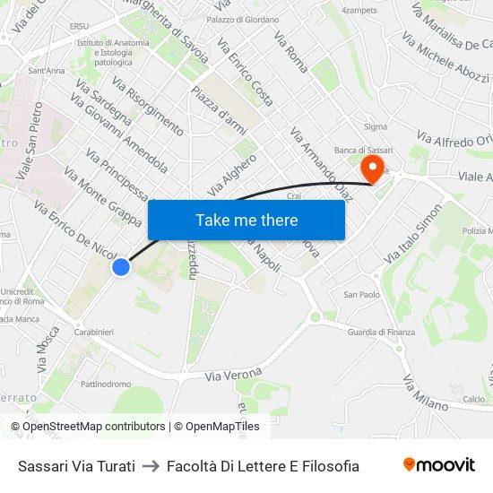 Sassari Via Turati to Facoltà Di Lettere E Filosofia map