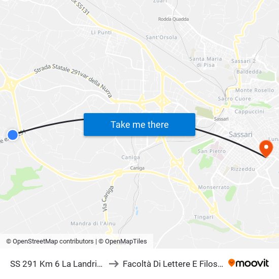 SS 291 Km 6 La Landrigga to Facoltà Di Lettere E Filosofia map