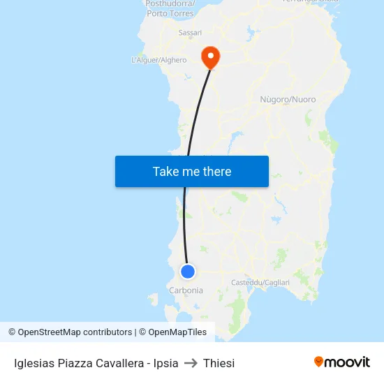 Iglesias Piazza Cavallera - Ipsia to Thiesi map