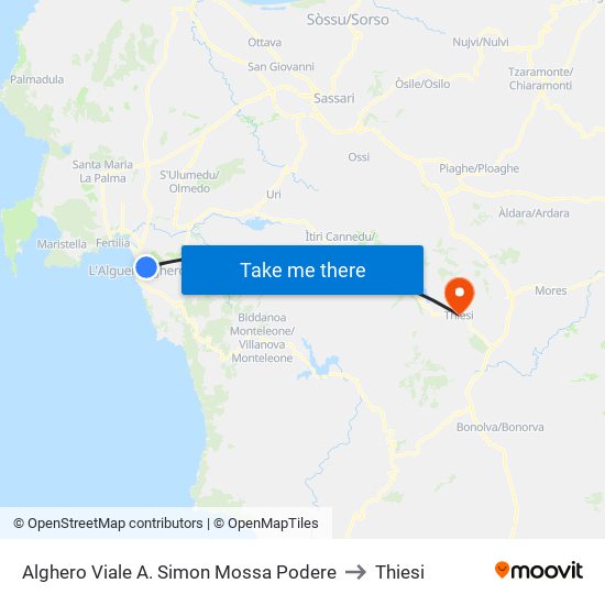 Alghero Viale A. Simon Mossa Podere to Thiesi map