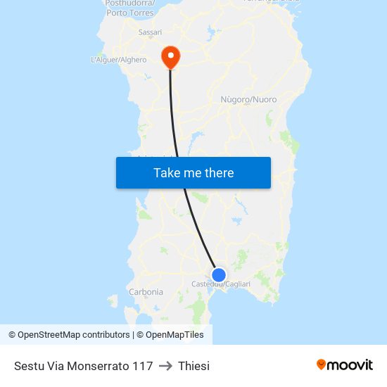 Sestu Via Monserrato 117 to Thiesi map