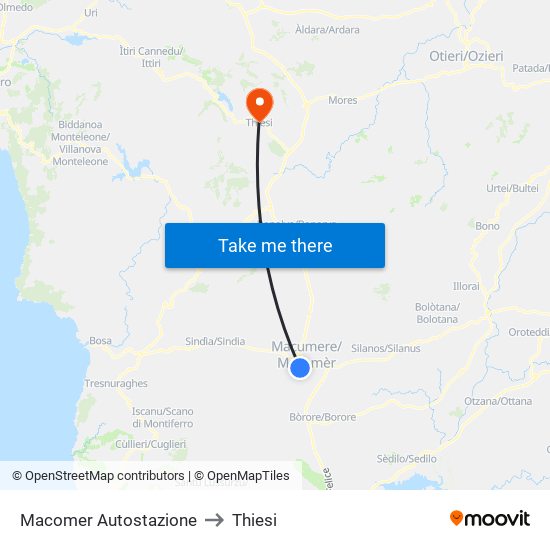 Macomer Autostazione to Thiesi map
