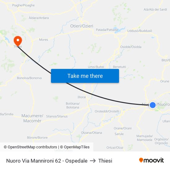 Nuoro Via Mannironi 62 - Ospedale to Thiesi map