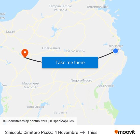 Siniscola Cimitero Piazza 4 Novembre to Thiesi map