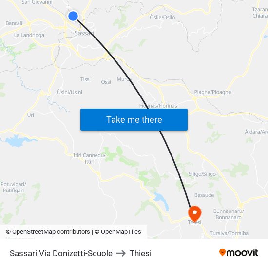 Sassari Via Donizetti-Scuole to Thiesi map