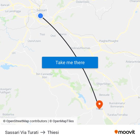 Sassari Via Turati to Thiesi map