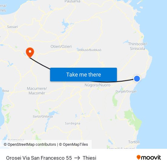 Orosei Via San Francesco 55 to Thiesi map