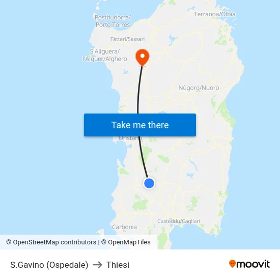 San Gavino (Hospital) to Thiesi map