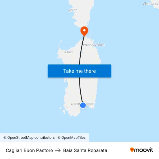 Cagliari Buon Pastore to Baia Santa Reparata map
