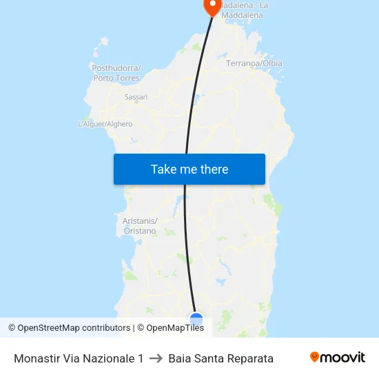 Monastir Via Nazionale 1 to Baia Santa Reparata map