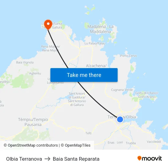 Olbia Terranova to Baia Santa Reparata map