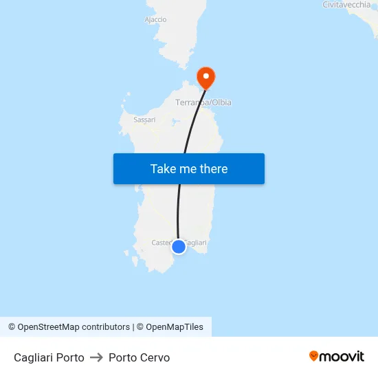 Cagliari Port to Porto Cervo map