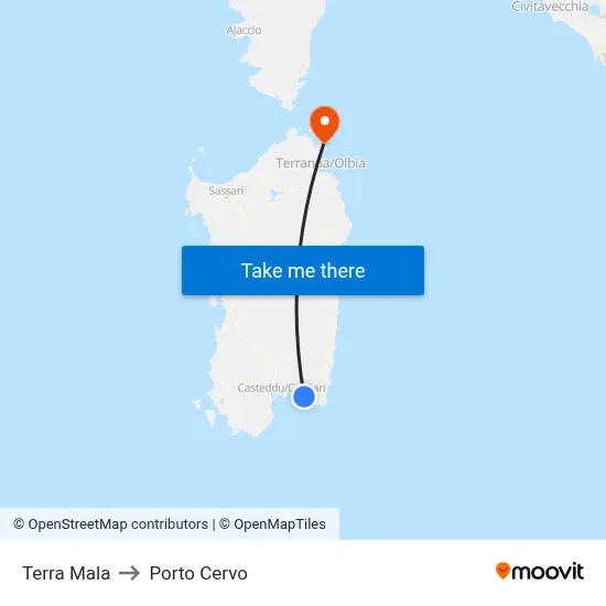 Terra Mala to Porto Cervo map