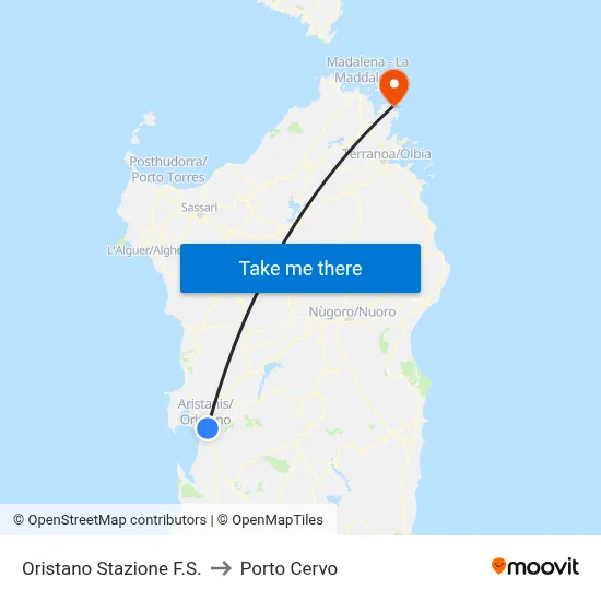 Oristano Railway Station to Porto Cervo map
