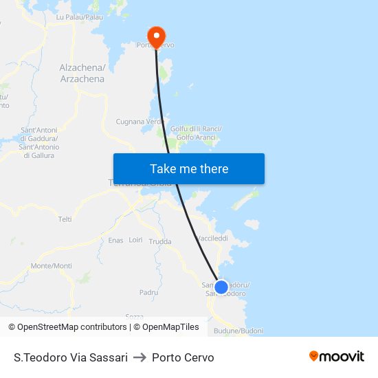 S.Teodoro Via Sassari to Porto Cervo map