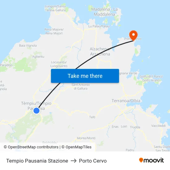 Tempio Pausania Station to Porto Cervo map