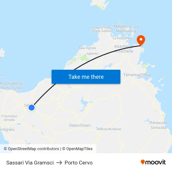 Sassari Via Gramsci to Porto Cervo map