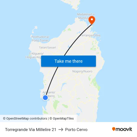 Torregrande Millelire Street 21 to Porto Cervo map