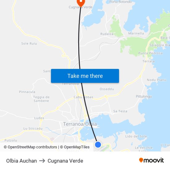 Olbia Auchan to Cugnana Verde map