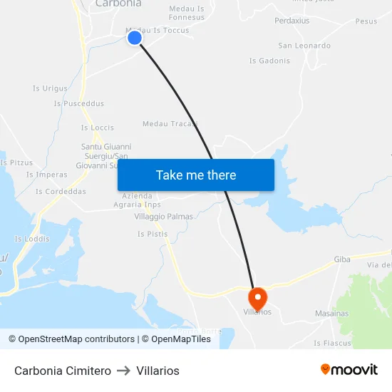 Carbonia Cemetery to Villarios map