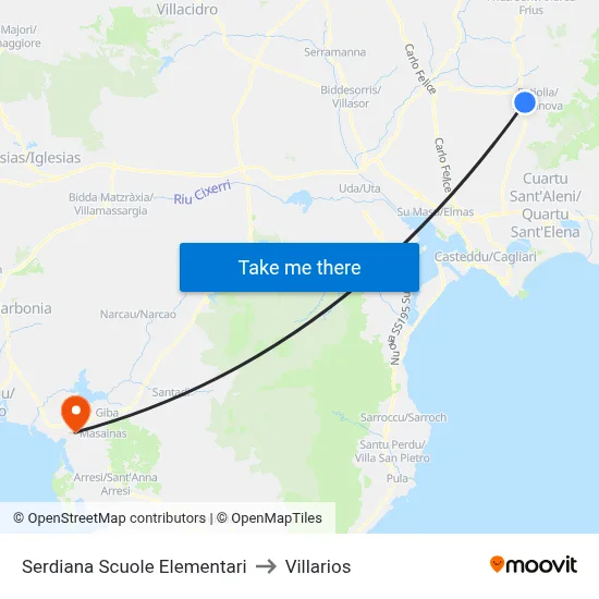 Serdiana Elementary Schools to Villarios map
