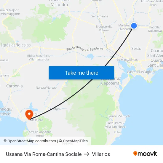 Ussana Roma Street-Social Winery to Villarios map