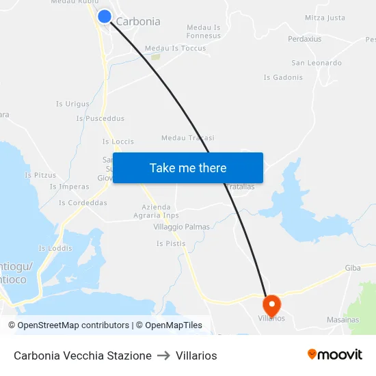 Carbonia Old Station to Villarios map