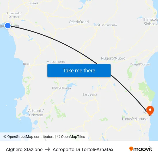Alghero Stazione to Aeroporto Di Tortolì-Arbatax map